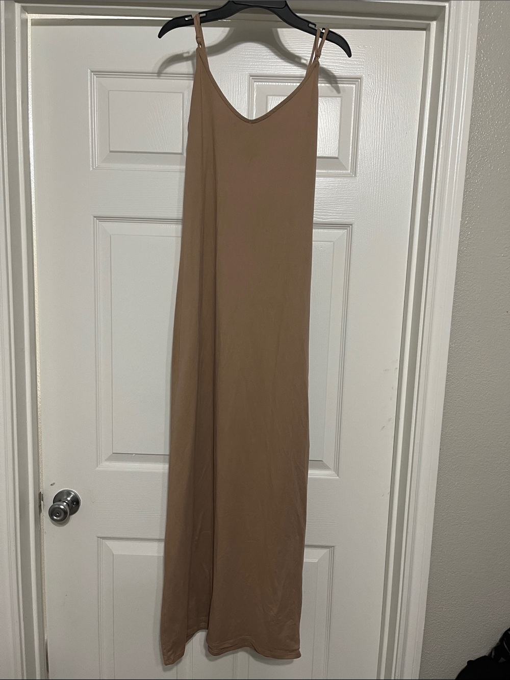Neutral Beige Midi Slip Dress with Double Spaghetti Straps